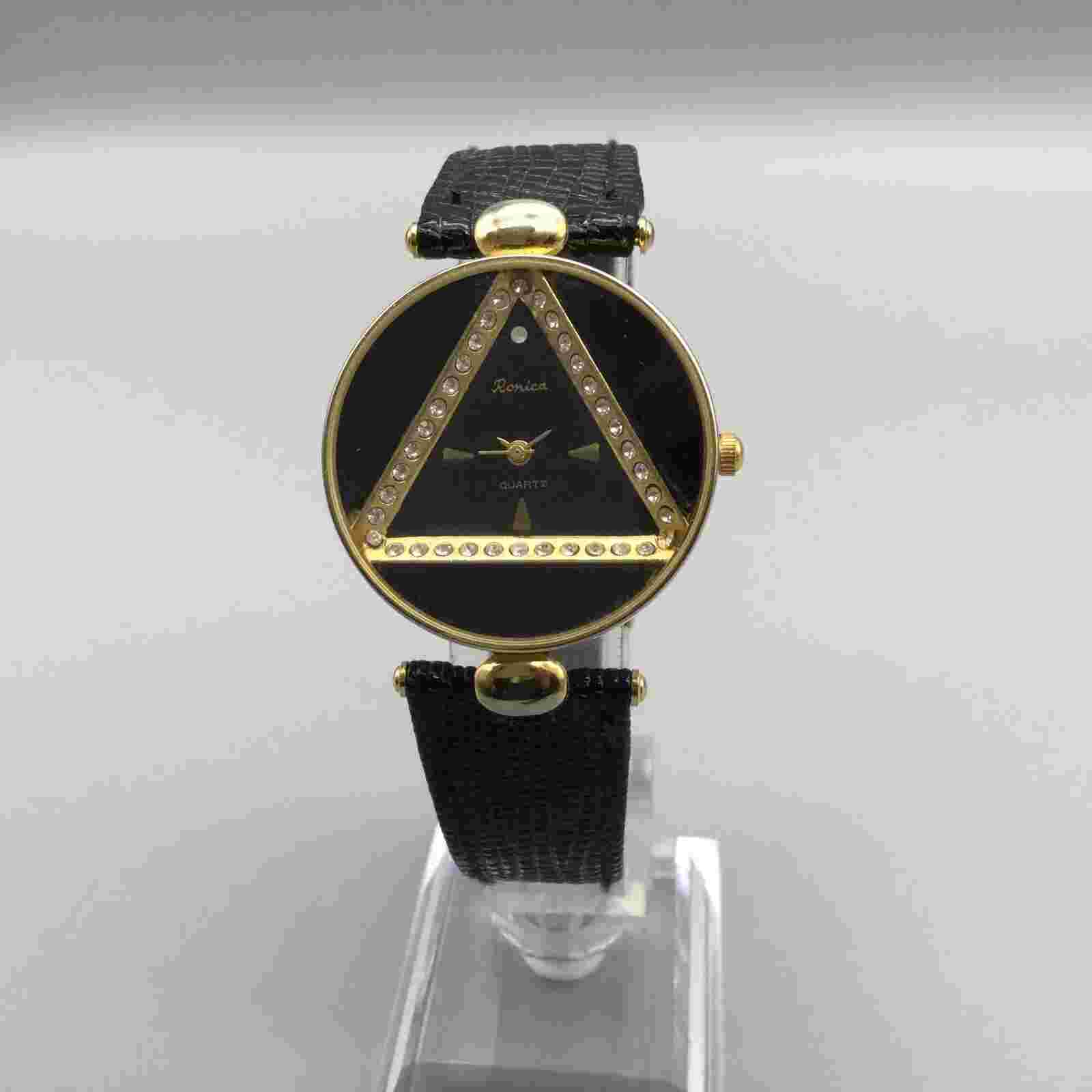 Vintage Ronica Watch Women 31mm Gold Black Tone Leather Band New Battery