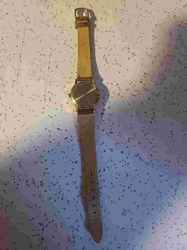 Axcess Watch Gold Tone Day Night Date Indicator BrownCALF Buckle Band French Mov