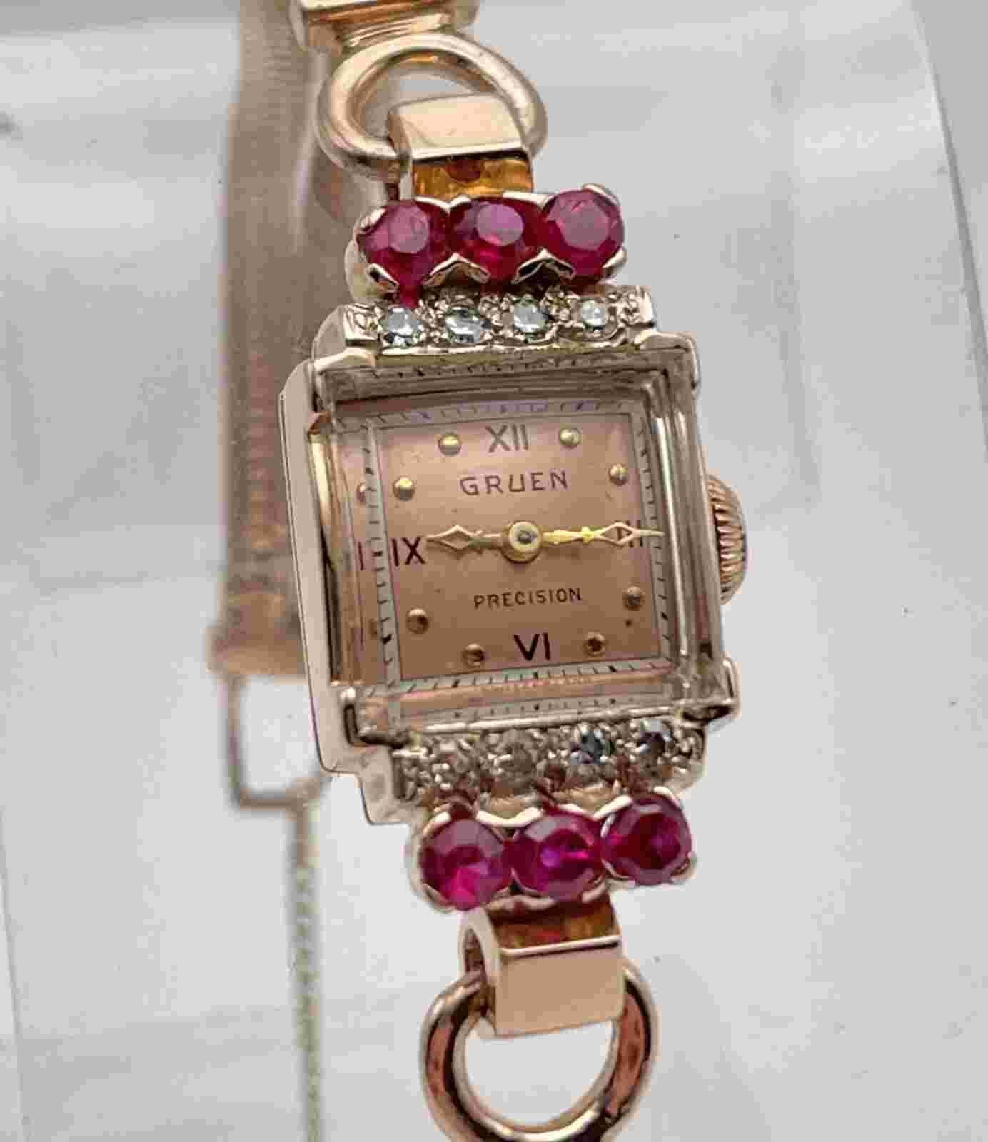 Vintage GRUEN Precision Watch 14k Rose Gold with Rubies and 0.24cts Diamonds