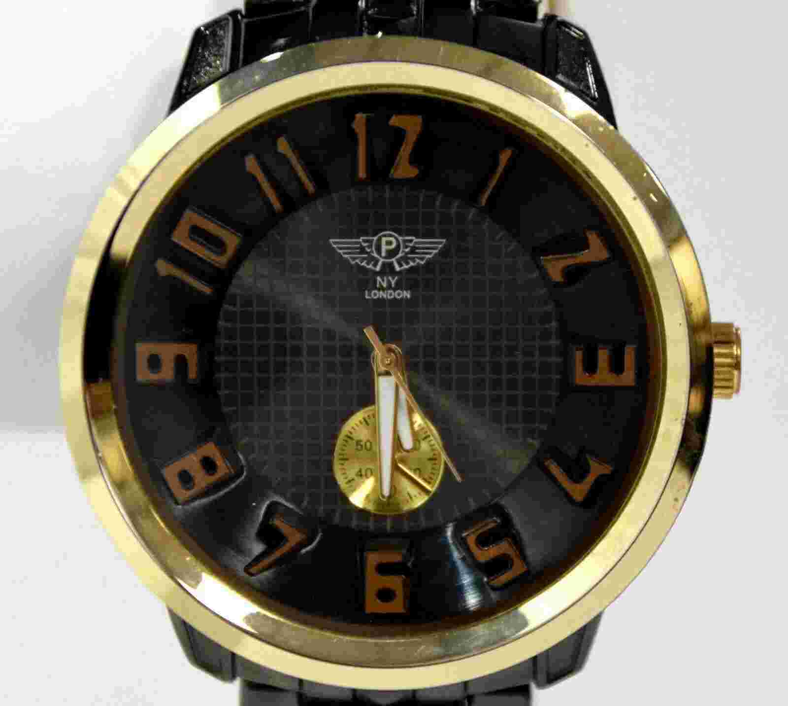 NEW NY London 2864 Men 3D Design Dial  Yellow Gold Numerals Black Bracelet Watch