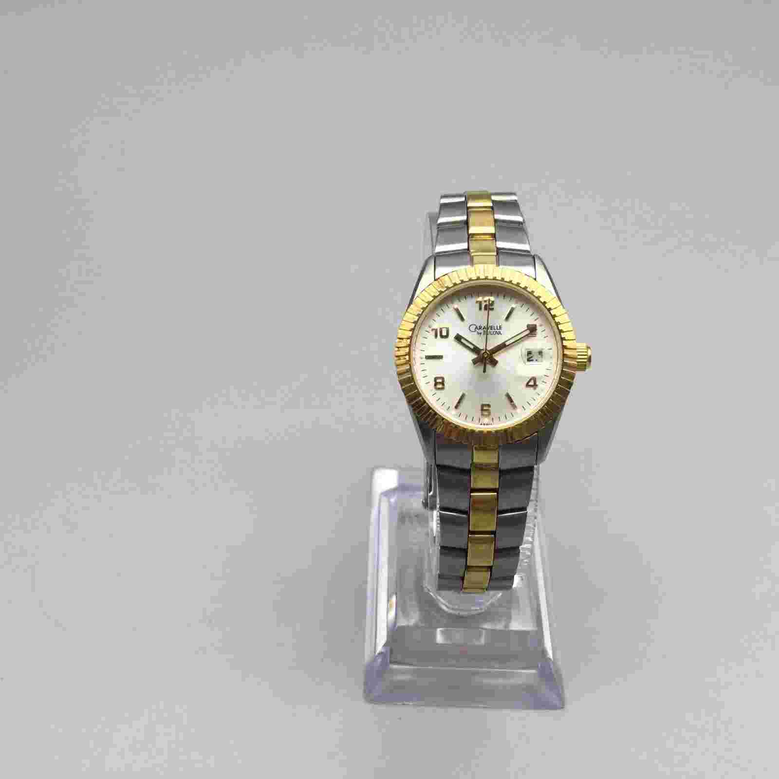 Vtg Caravelle by Bulova Watch Women Gold Silver Tone Date 2004 New Battery 6.25"