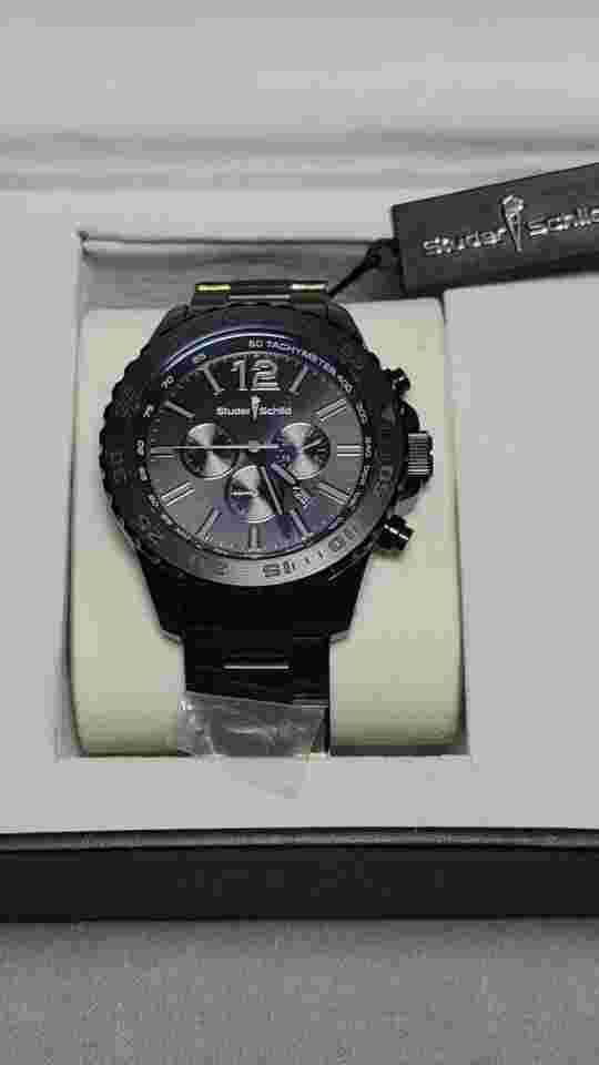 NEW w/Box Studer Schild Dunlop Black Steel Chronograph Mens Watch New Battery