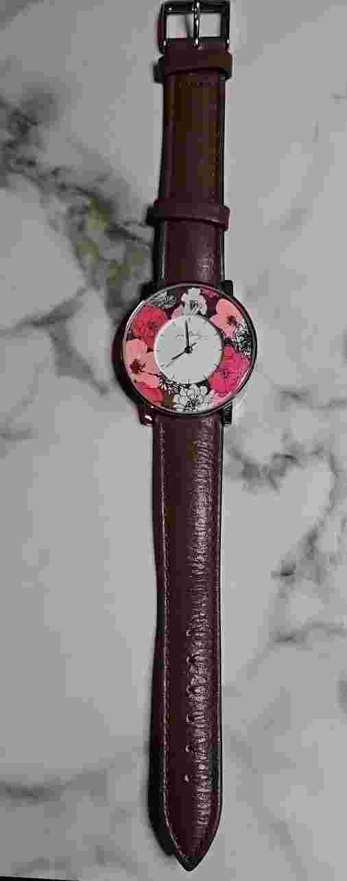Vera Bradley Watch With Pink Floral Round Face Brown Leather Adjustable Band