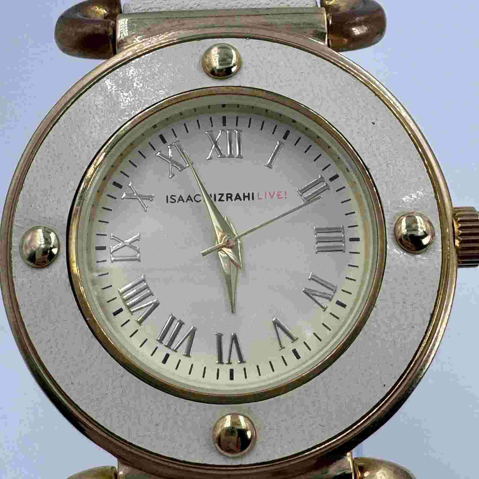 Isaac Mizrahi Live Gold & Cream Genuine Leather Quartz Analog Womens Watch Works