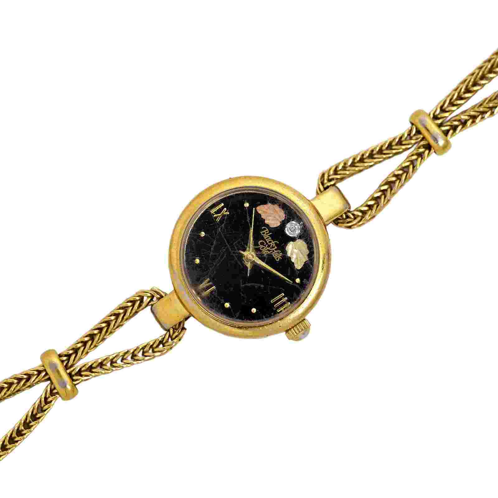 Black Hills 12k Gold Diamond Black Dial Ladies Dress Watch 22mm