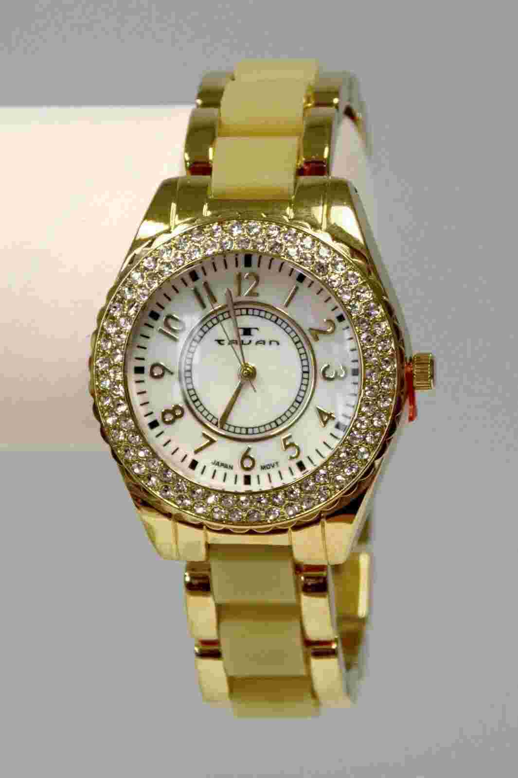 NEW Tavan 9339 Women's Careen Collection Crystal Bezel Two Tone Gold/Beige Watch