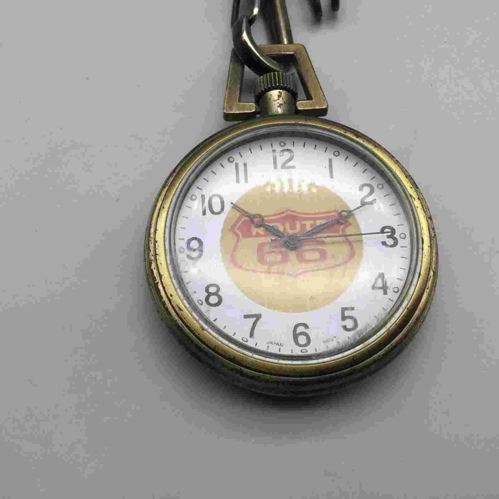 Route US 66 Pocket Watch 49mm Gold Tone with Chain New Battery 13"