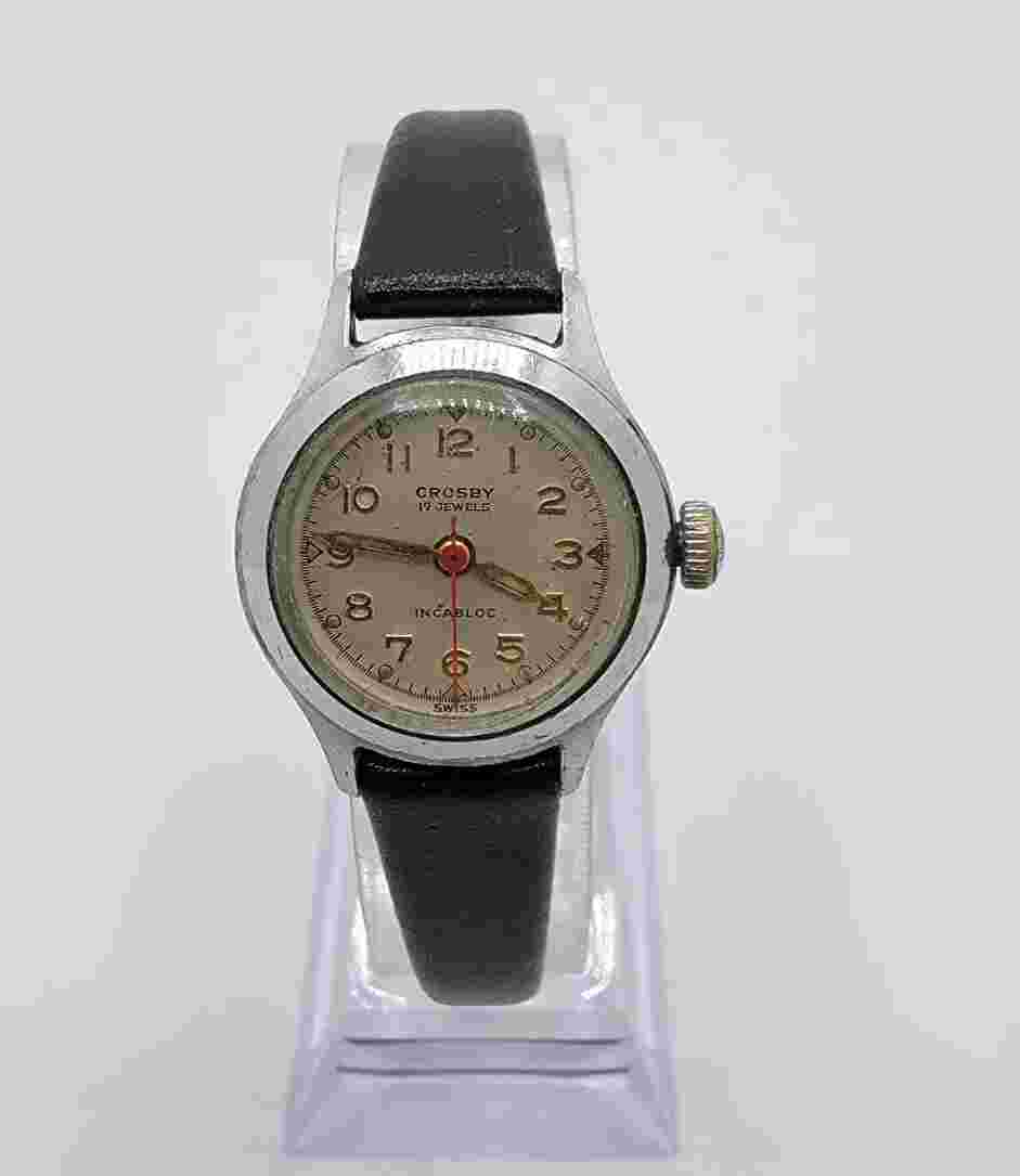 Ladies Crosby 17 Jewels Swiss Manual Wind Stainless Steel Black Leather Watch