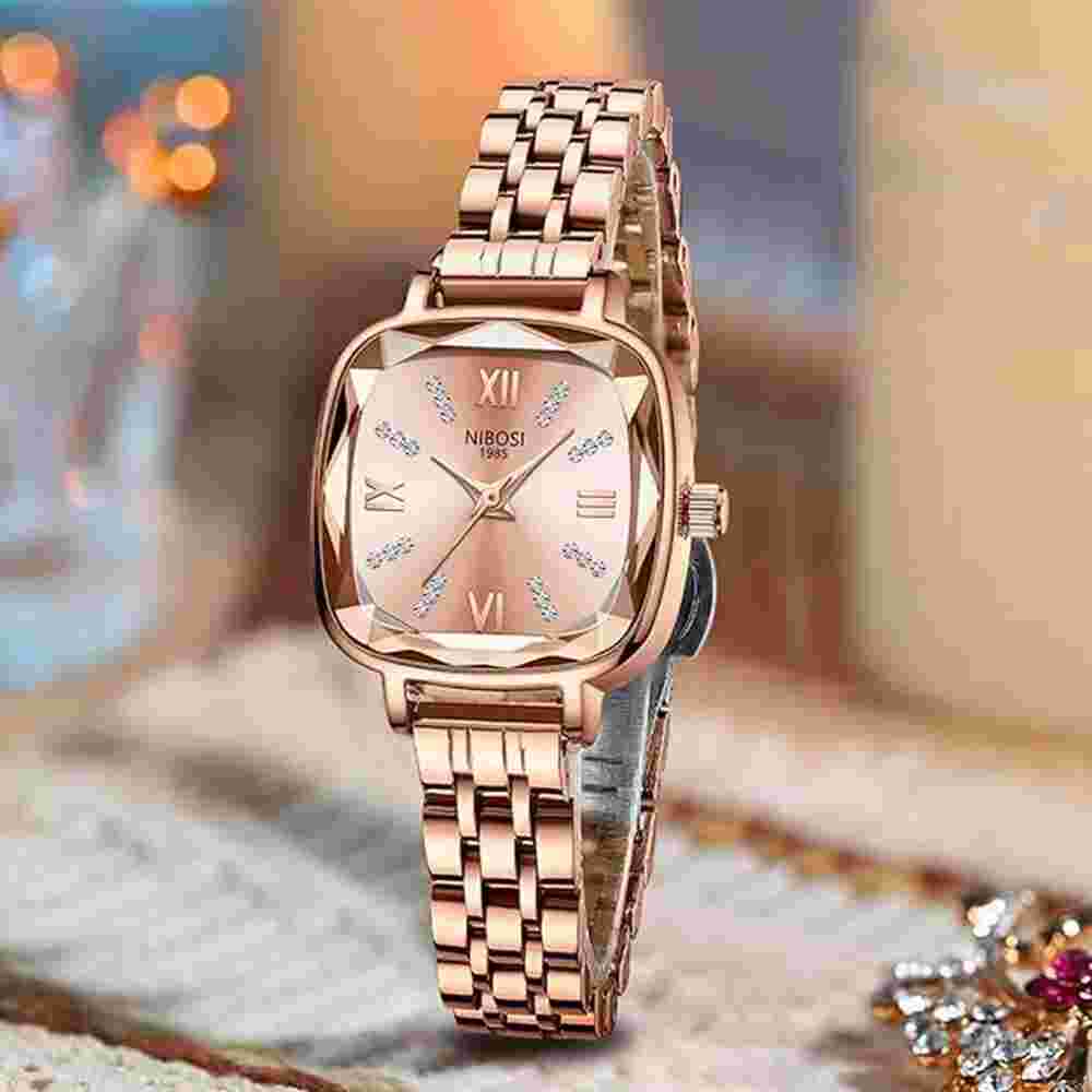 NIBOSI Stainless Steel Watches Analog Rose Gold Band and Square Dial for Girls