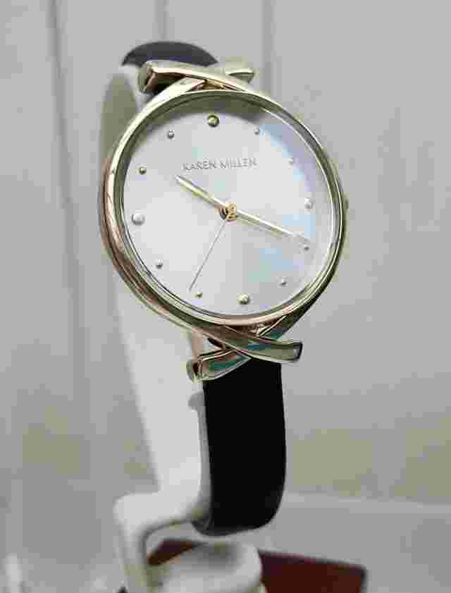 New KAREN MILLEN Ladies Watch Gold & Black leather sr, Lightweight RRP £189(KM54