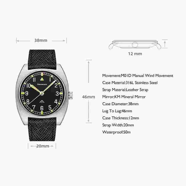 MERKUR Men Watch 38mm Pilot Manual Wind Mechanical Wristwatch Luminous Blue Dial