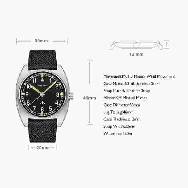 MERKUR Men Watch 38mm Pilot Manual Wind Mechanical Wristwatch Luminous Blue Dial