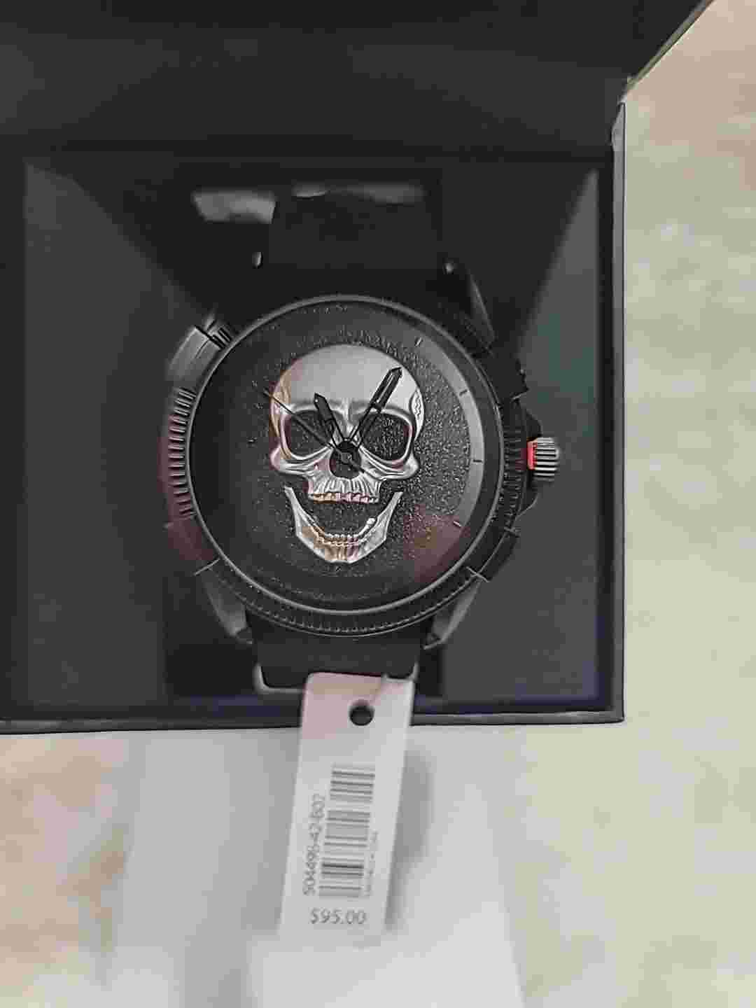 Ed Hardy Men’s  Silver Tone Watch Black Rubber Strap Brand New In Box