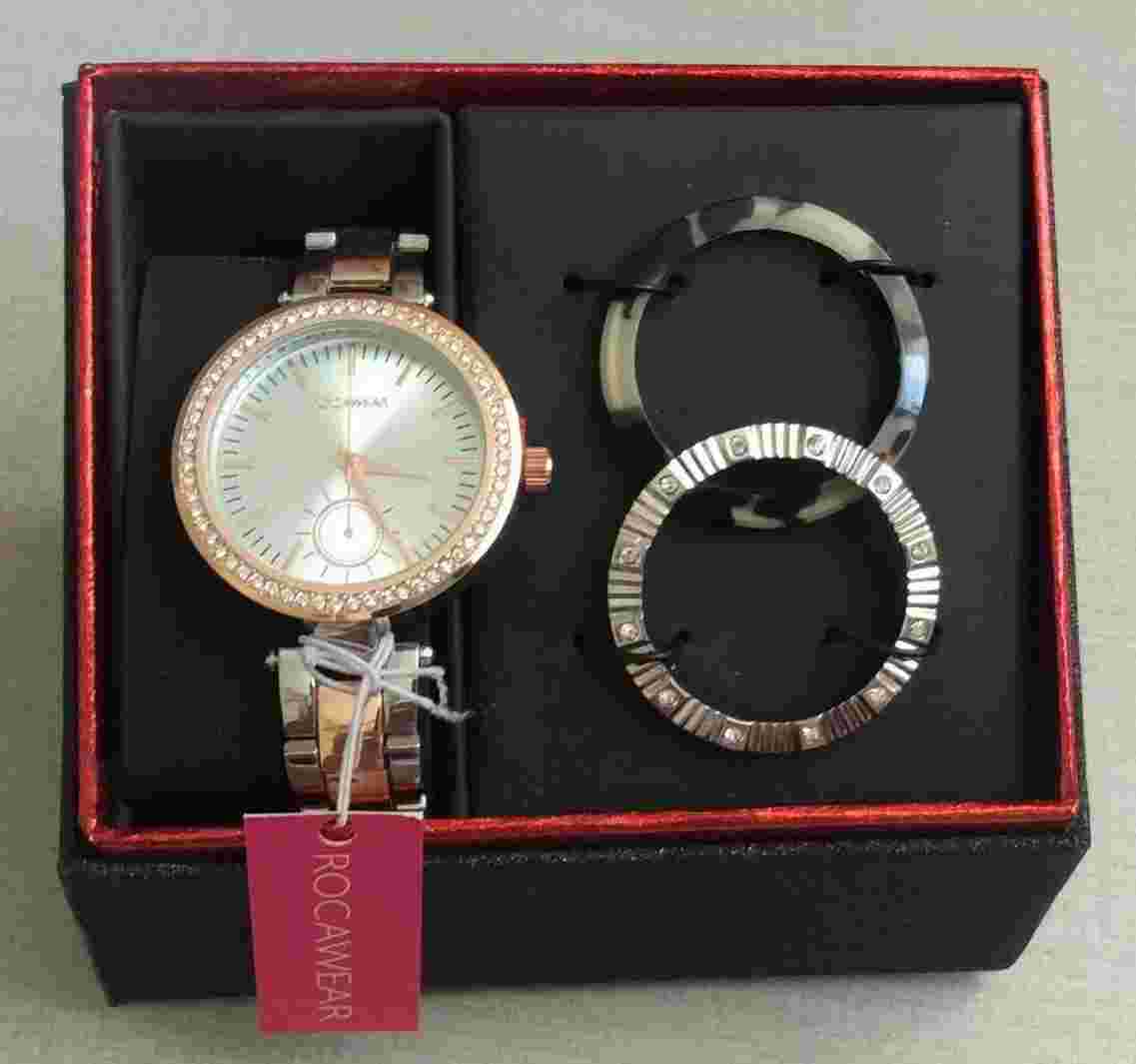 Rocawear Women's Two Tone Crystal Watch Silver Dial with 2 Changable Covers New!