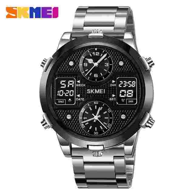 SKMEI Men Quartz Watch Dual Time Military Wristwatch Male Steel Digital Watches