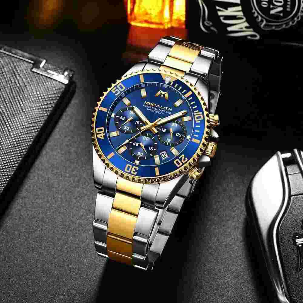 MEGALITH Luxury Mens Watch Designer Chronograph Calendar Sports Quartz Watches