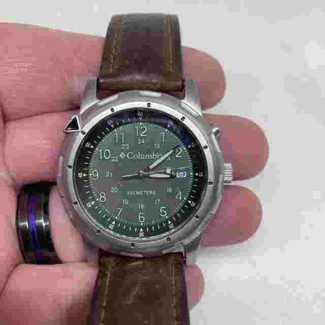 Working Columbia Cl-7249 Stainless Water Res Genuine Leather Band W/ Light Watch