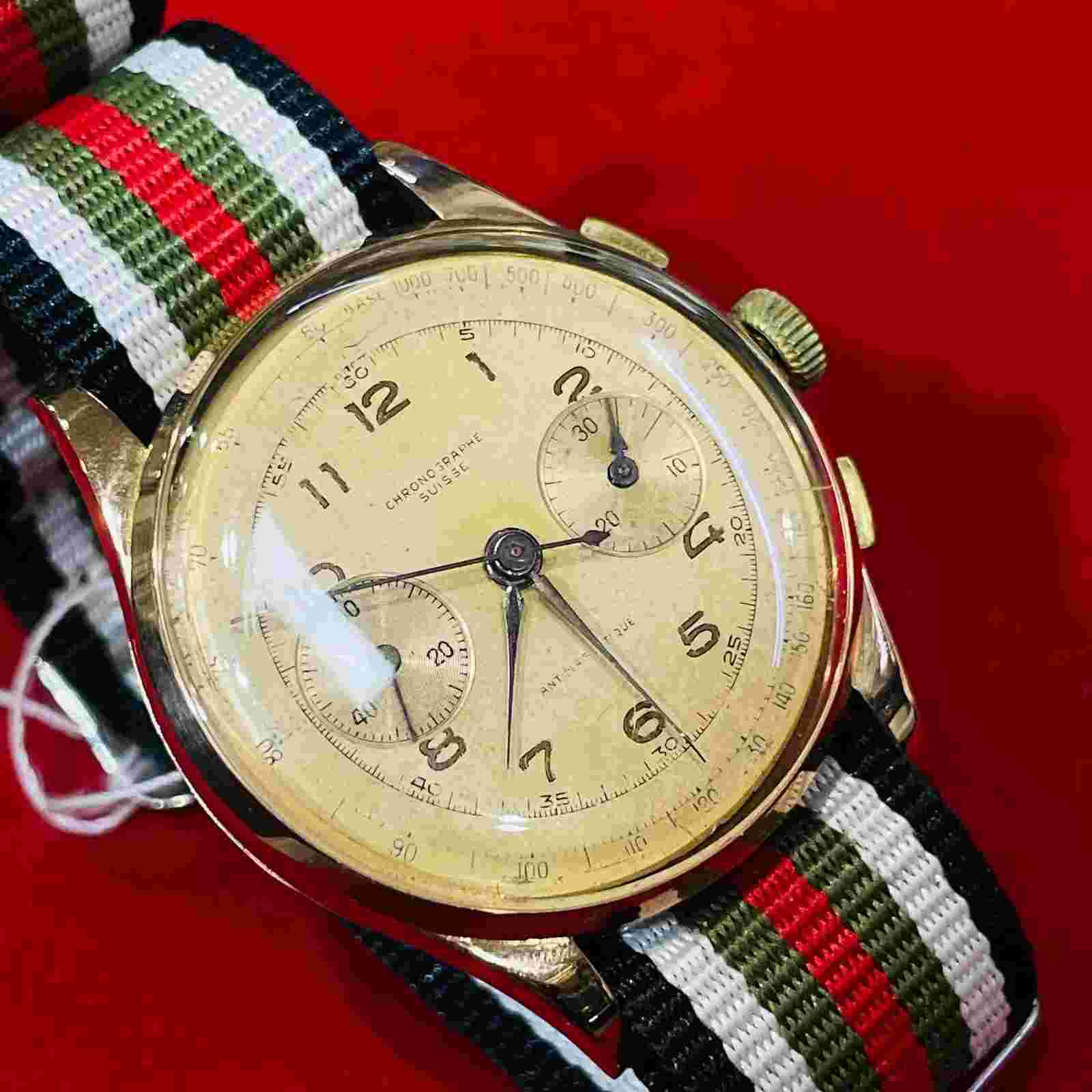 37mm Solid 18K Rose Gold Azur Chronographe Suisse Watch Bubble Back