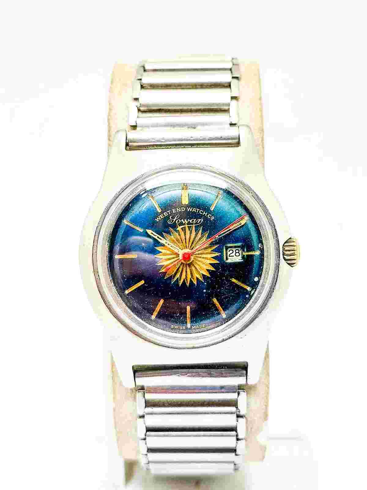 Big Size Military West End Watch Sun Burst Sea Green Dial Vintage Hand Wind 34mm