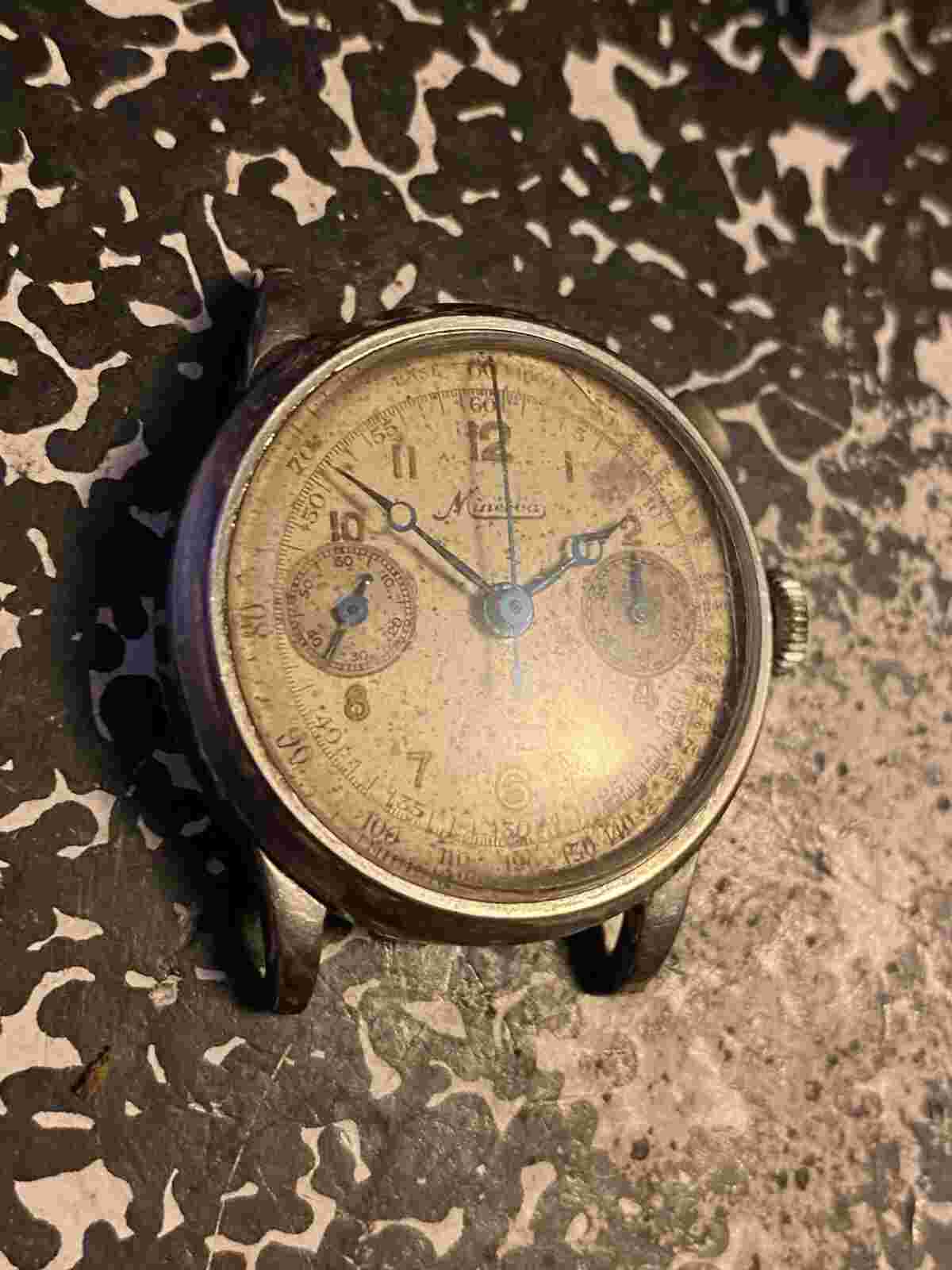 Vintage Minerva Stainless Steel Monopusher Military Chronograph Pilots Watch