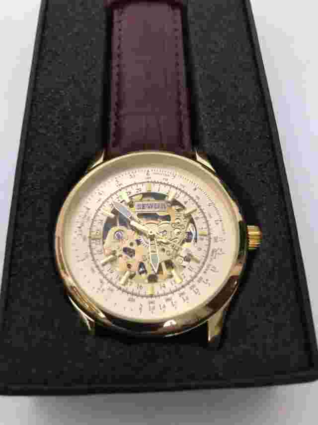 SEWOR New Men's Mechanical Leather Band Transparent Skeleton Wrist Watch