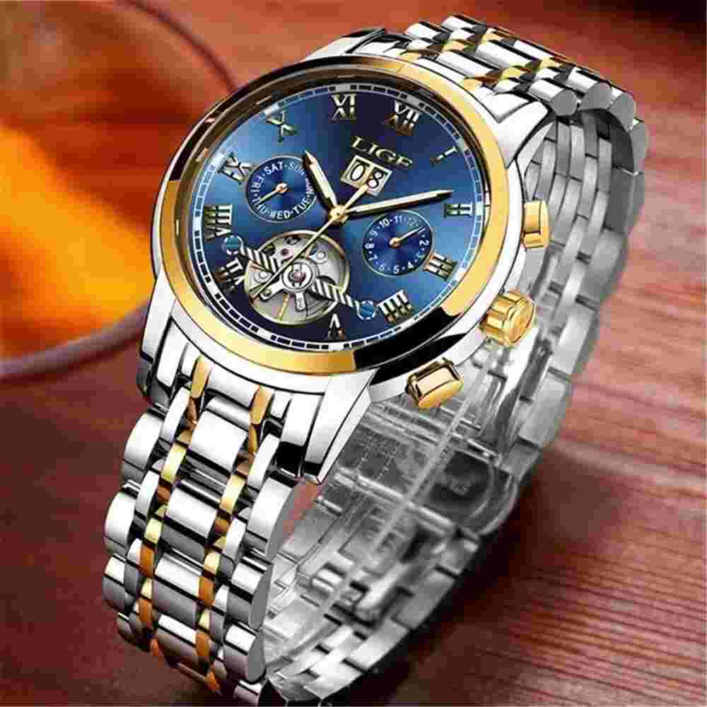 LIGE Watch Men Mechanical Automatic Wristwatch Male Week Date Display Watches