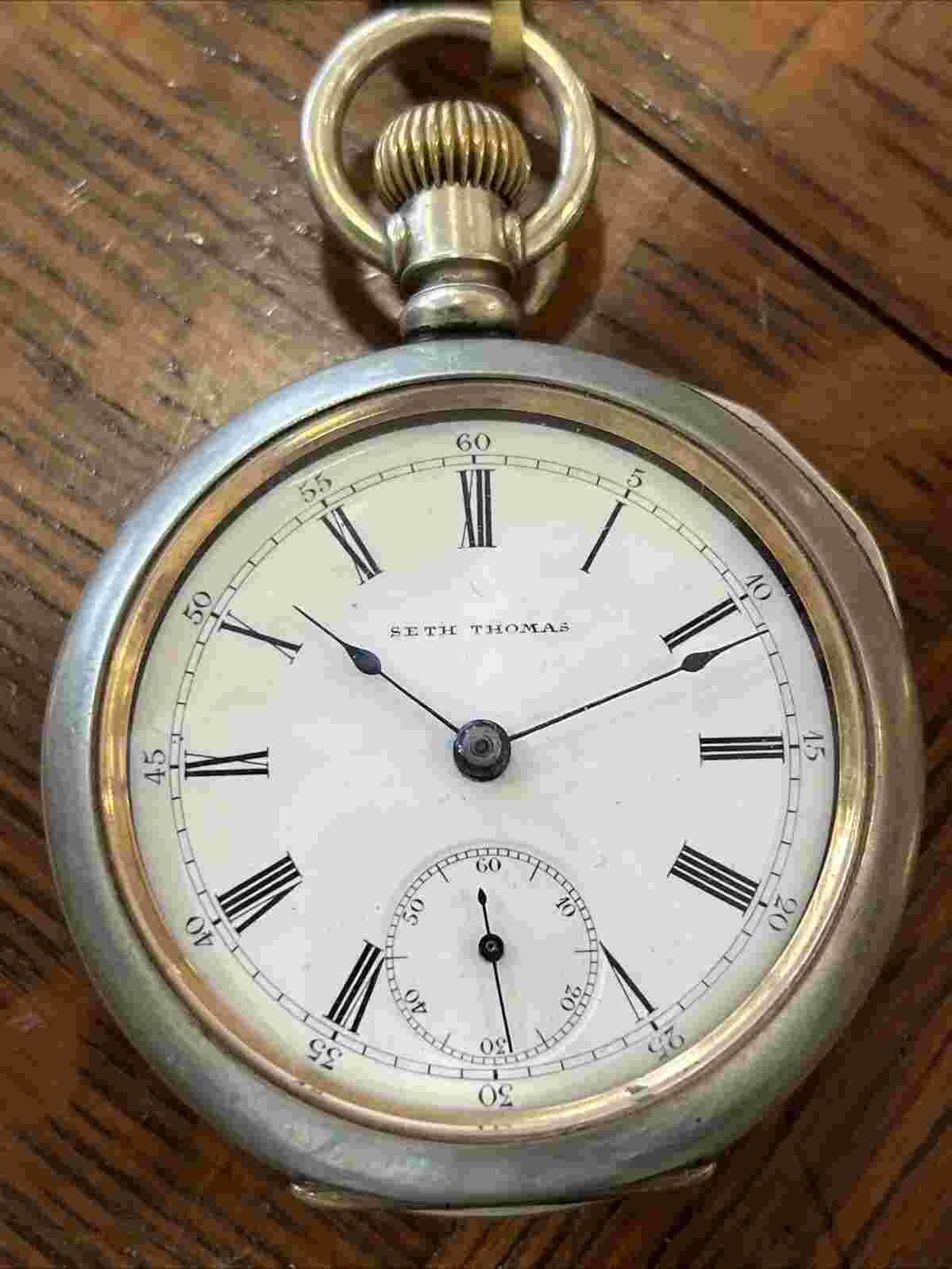 Seth Thomas Open Face Pocket Watch Model 5 17j 18s, Silverine Case,