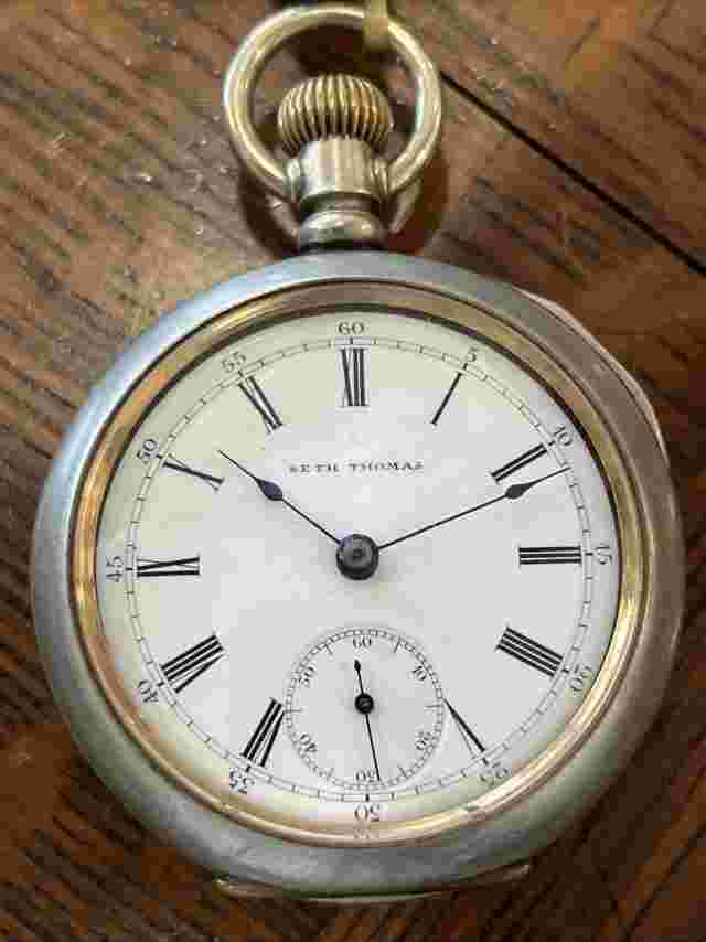Seth Thomas Open Face Pocket Watch Model 5 17j 18s, Silverine Case,