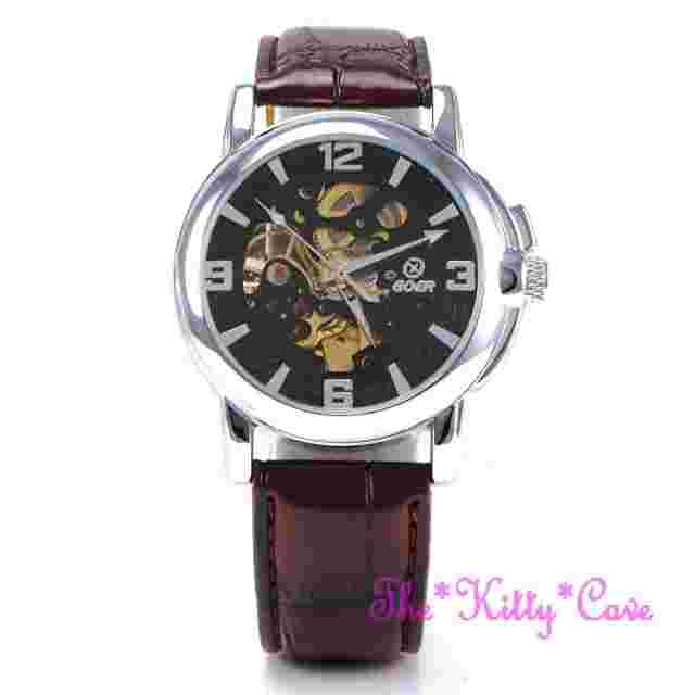 Automatic Mechanical Steampunk Skeleton Silver Brown Leather Wind-Up Wrist Watch