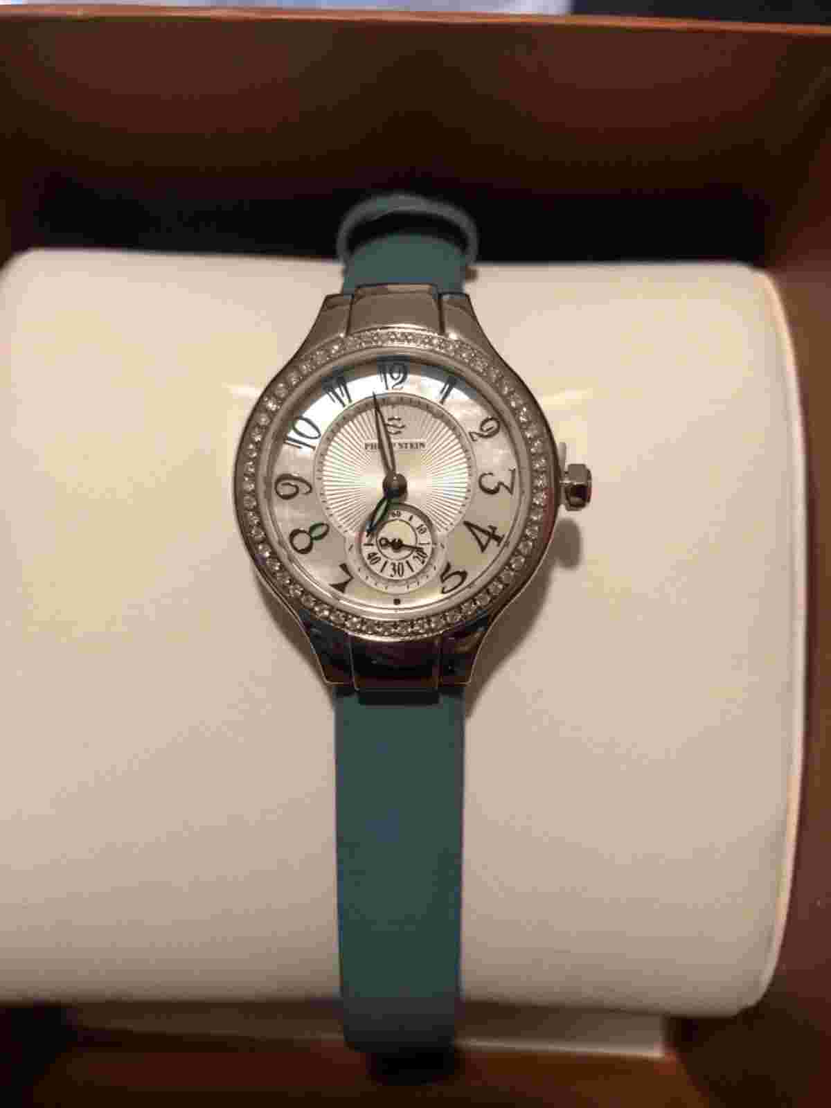 PHILIP STEIN SIGNATURE ROUND  WHITE DIAL WATCH MOTHER OF PEARL, DIAMONDS, SLATE
