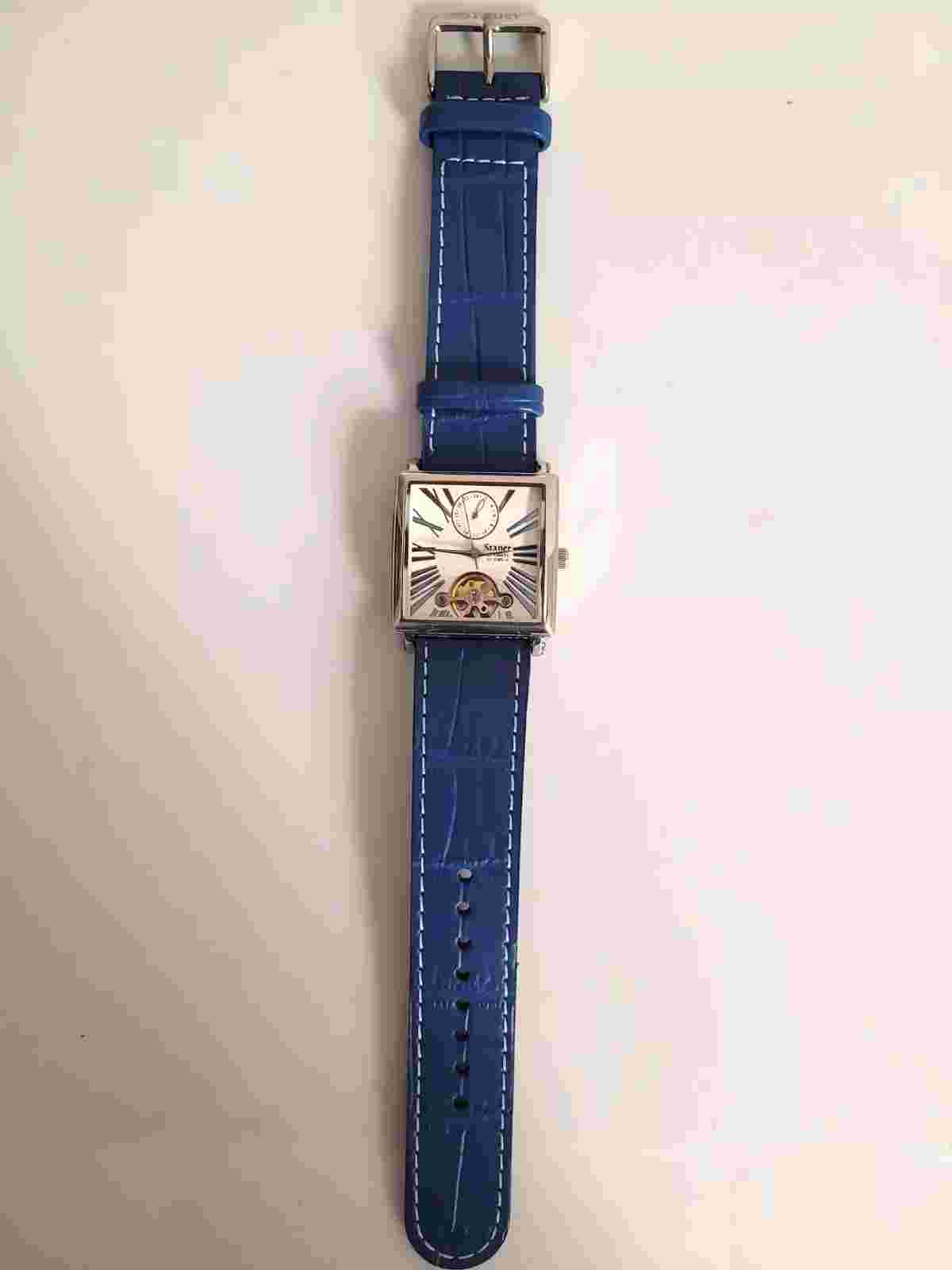 RARE Stauer STT028-BLU Automatic Open Heart Men's Leather Tank Watch