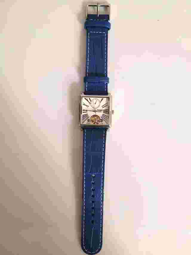 RARE Stauer STT028-BLU Automatic Open Heart Men's Leather Tank Watch