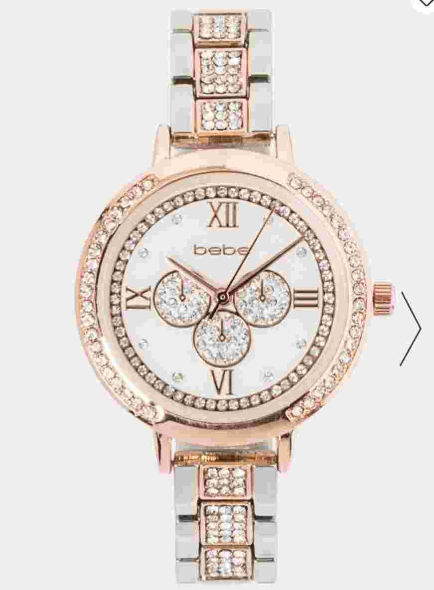 NWT BEBE TWO TONE CRYSTAL BEZEL ROMAN NUMERAL WATCH Modern & glamorous colors!!
