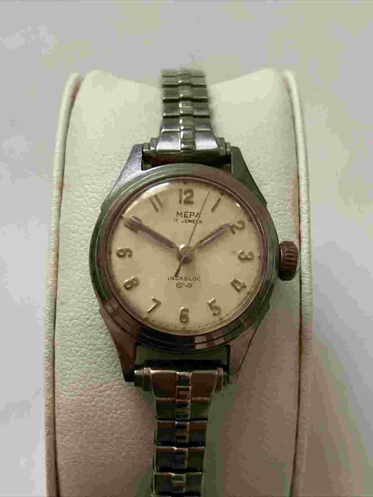 Vintage Ladies MEPA INCABLOC 17 Jewels Silver Tone Mechanical Watch WORKS GREAT!