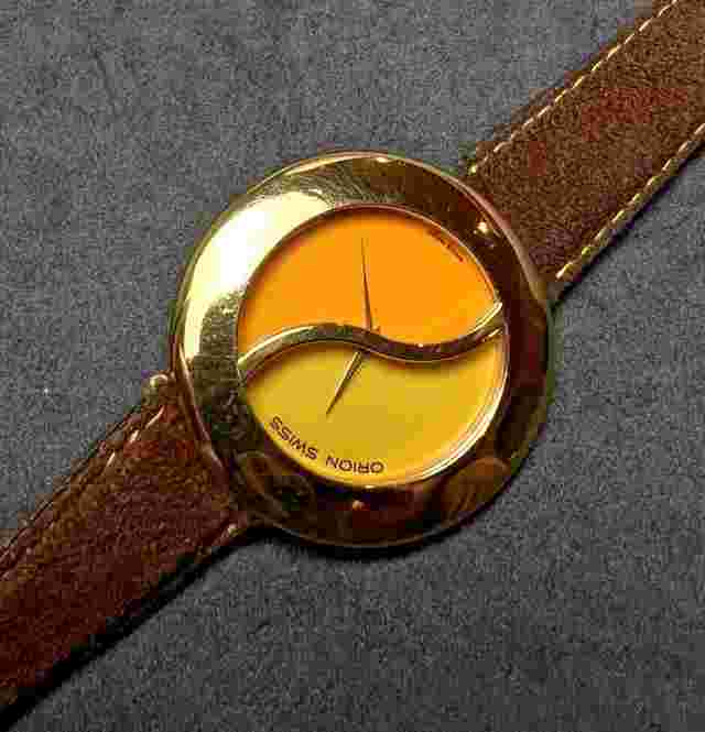 Vintage ORION Women’s 40mm Swiss Quartz Watch Round Gold Case Brown Suede Strap