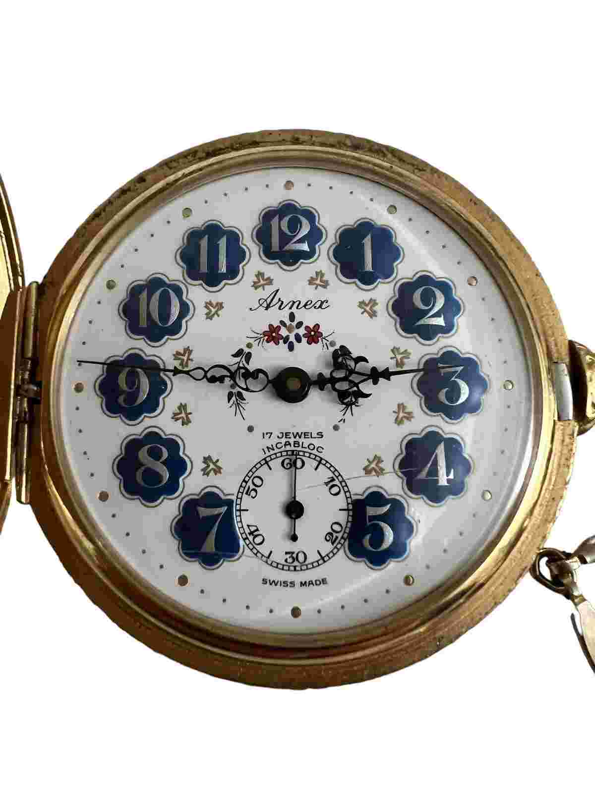 Arnex Swiss Enamel on Gilt Metal Engraved Wind-Up Pocket Watch Working