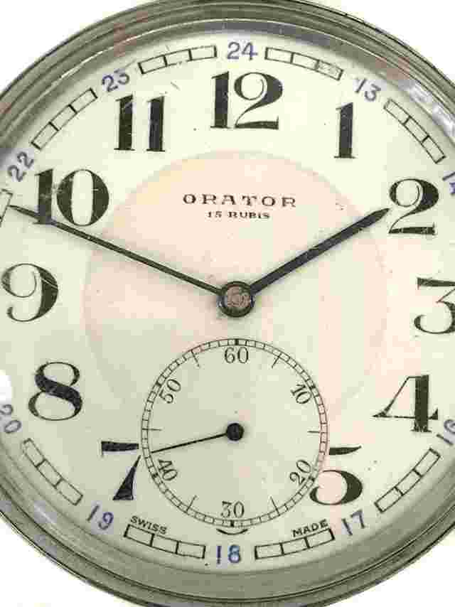 ANTIQUE SWISS DECO ORATOR SCHILD 15 RUBIS POCKET WATCH - ENAMEL 24 HOUR DIAL