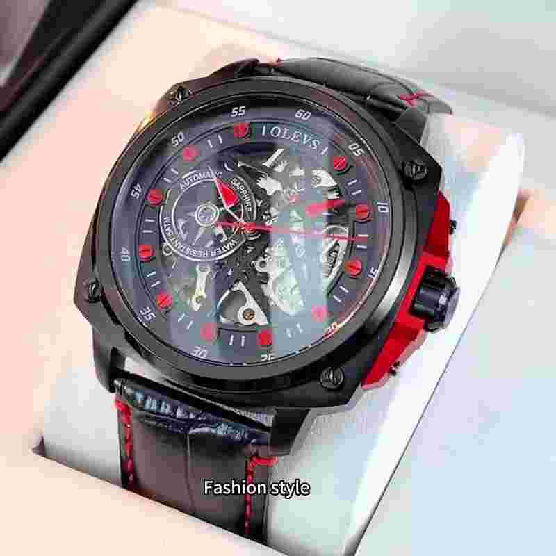 OLEVS Genuine Leather Watch Band Men's Mechanical Watch Automatic See-through