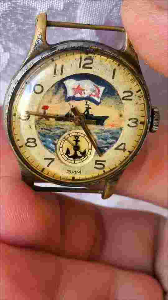 Vintage WATCH navy Mens Handmad Painting ship Landscape sea USSR СССР Soviet zim