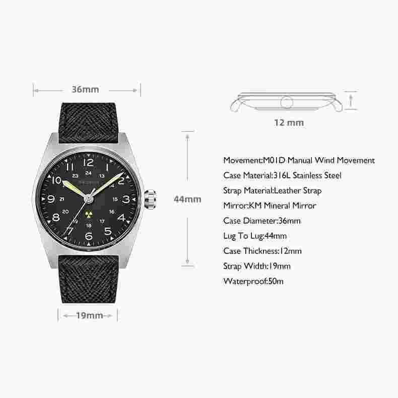 MERKUR Men Watch 38mm Pilot Manual Wind Mechanical Wristwatch Luminous Black