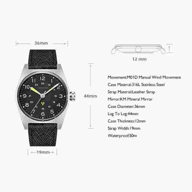 MERKUR Men Watch 38mm Pilot Manual Wind Mechanical Wristwatch Luminous Black