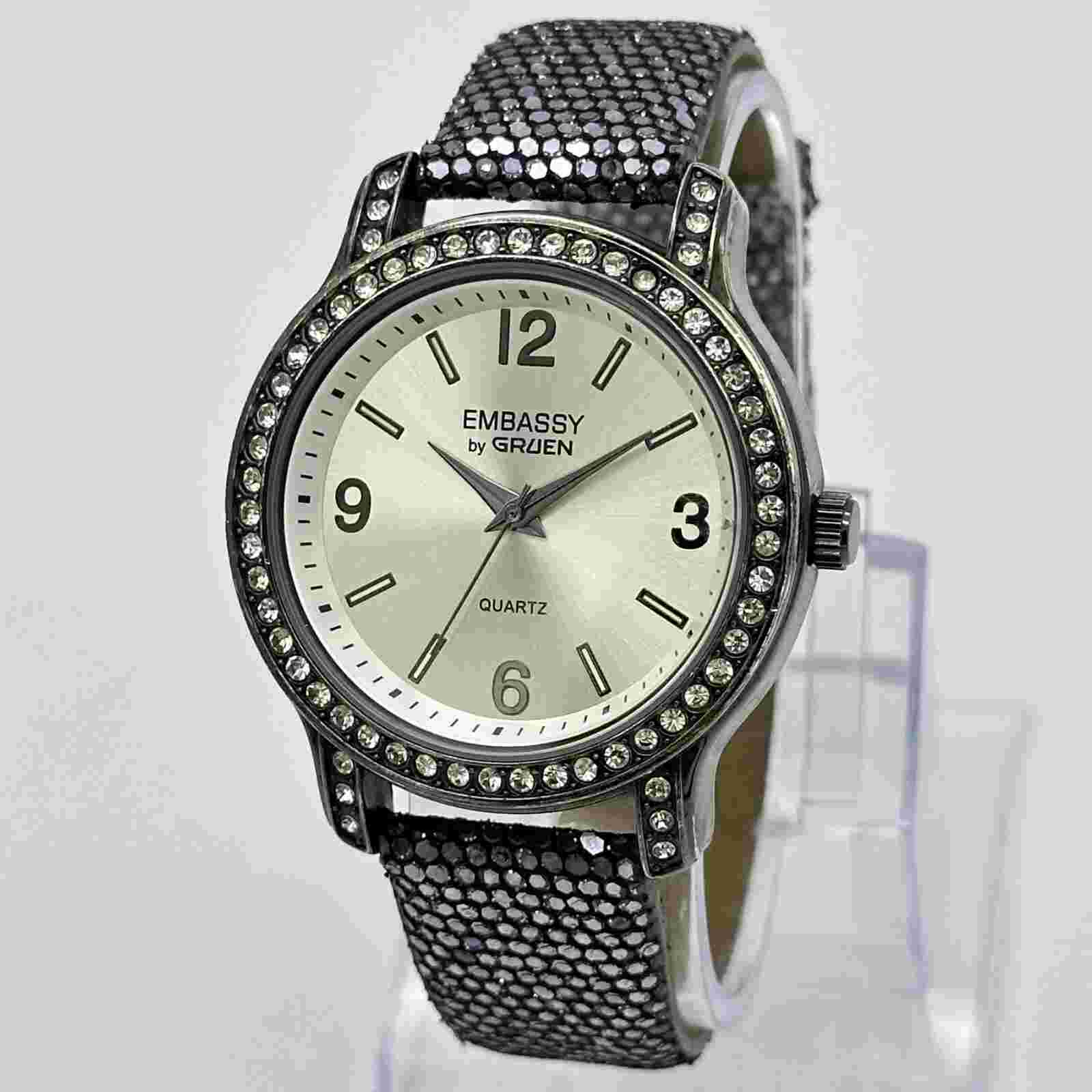 Ladies EMBASSY By Gruen GEM3543 Crystal Accent Silver & Gray Watch, Sparkly Band