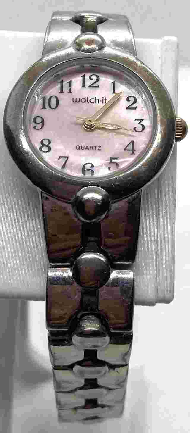 VTG WATCH-IT LADIES Watch New Battery Pink MOP Dial Silver Band Fits To 7-1/4”