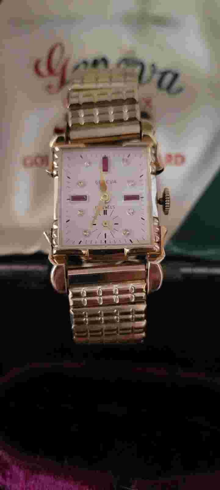 Vintage Geneva Mens Wristwatch 17 Jewels Gold Band with Case