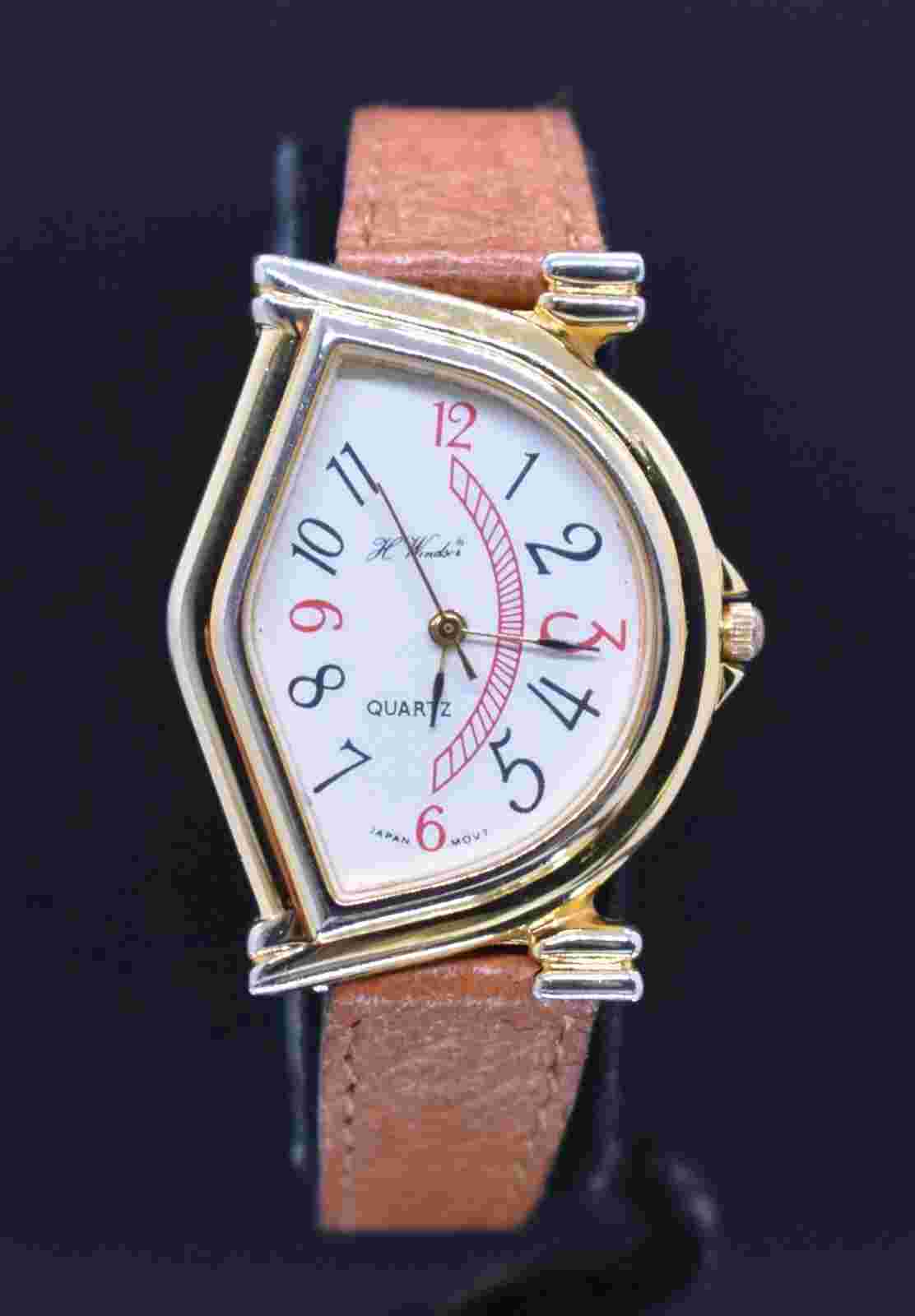 Vtg H WINDSOR Quartz Watch Women Half Moon Japan Leather NEW BATTERY