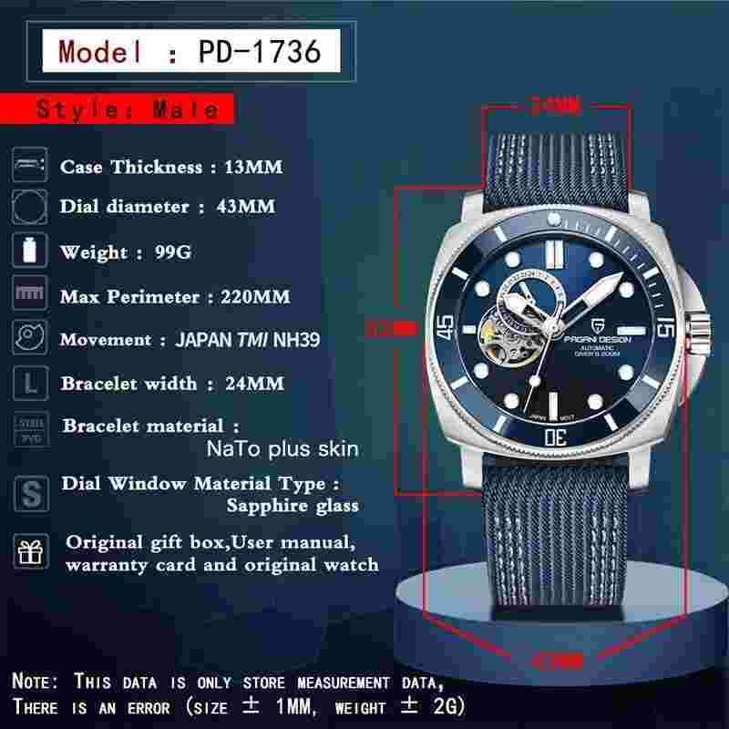 blue watch PAGANI DESIGN Hollow Mechanical Waterproof Sapphire Glass Luxury Men