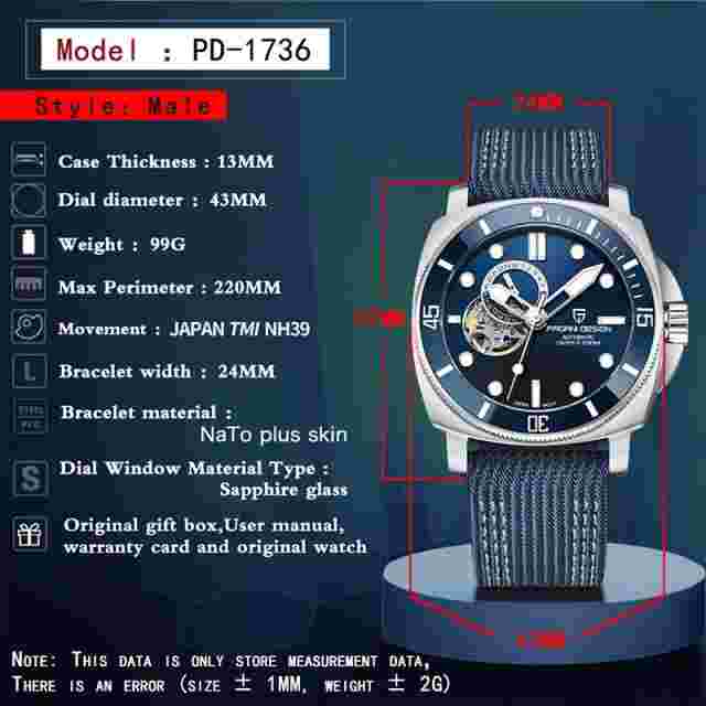 blue watch PAGANI DESIGN Hollow Mechanical Waterproof Sapphire Glass Luxury Men