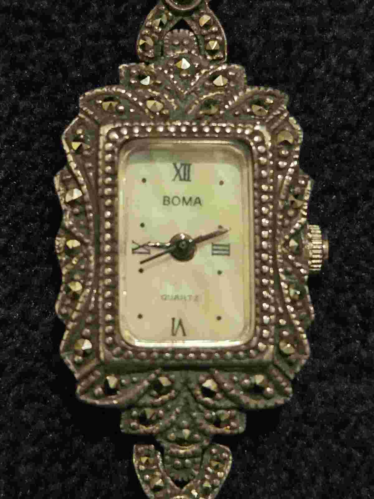 Sterling Silver BOMA Art Deco Marcasite Pave 6" Ladies Wrist Watch (WORKS) - 25g