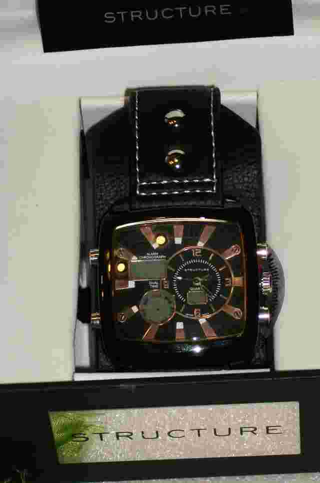 STRUCTURE NEW Men's Multi-Function Watch # 32377 Black Faux Leather Band