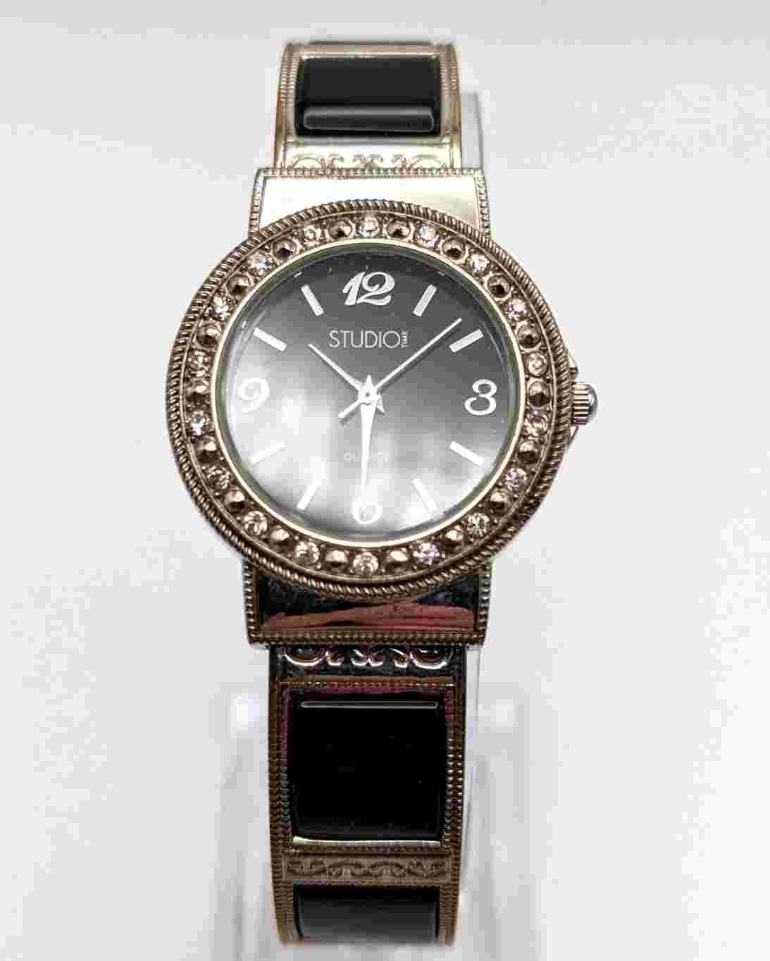 STUDIO Ladies Cuff Bracelet Watch Silver Tone Band with Black New Battery